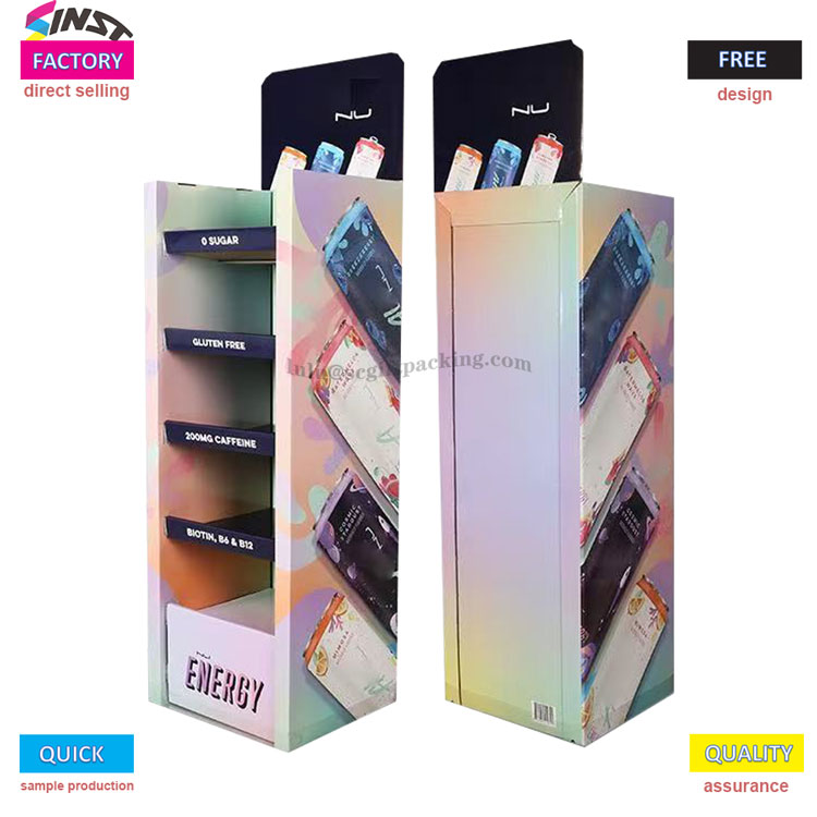 Stojan na vystavenie energetických nápojov: pomocou farieb a informácií dáva zákazníkom do očí „vitalitu“.